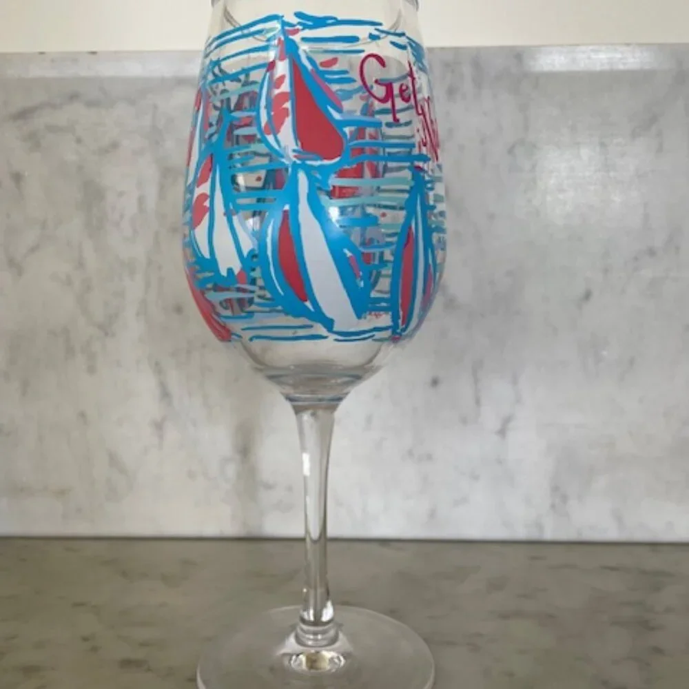 LILLY PULITZER Get Nauti Acrylic Wine Glass Goblet Blue White Pink Sailboat